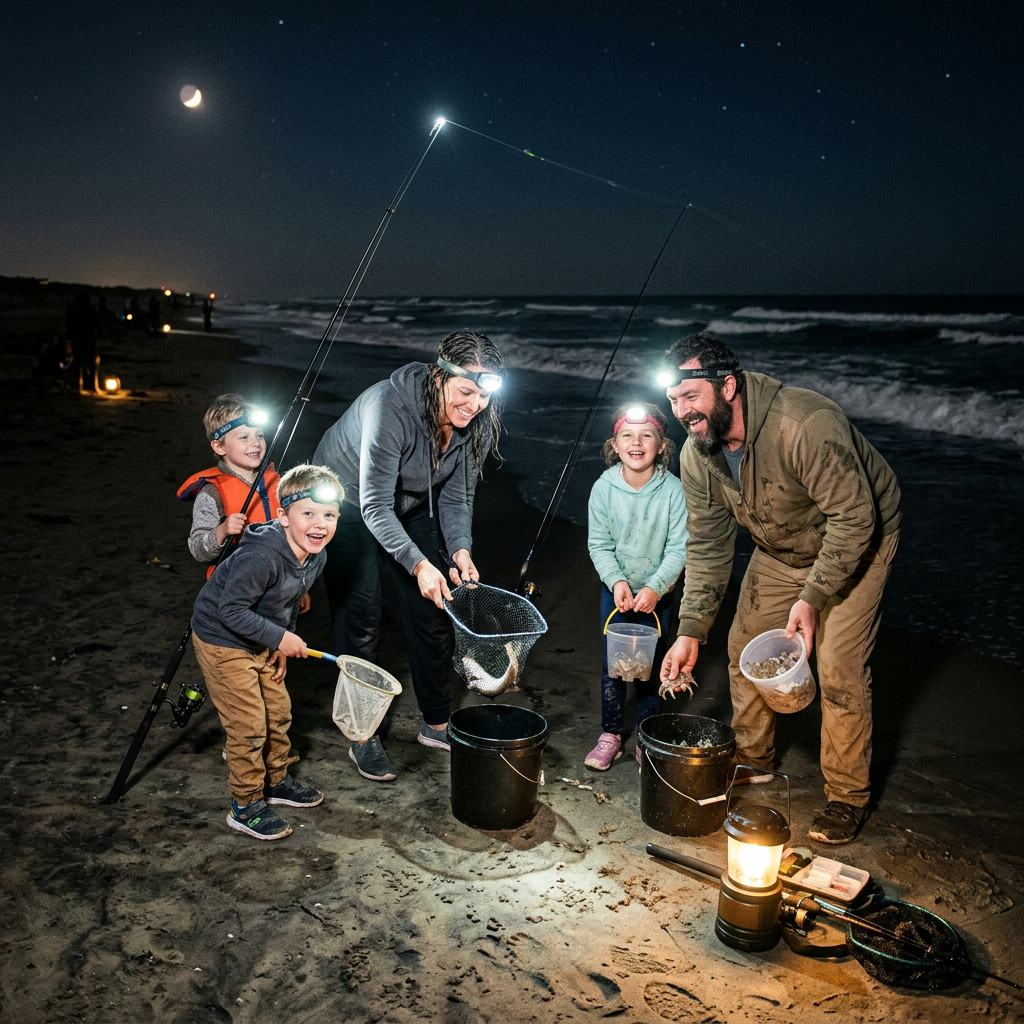 Family fishing at night on beach with fishing rods and buckets