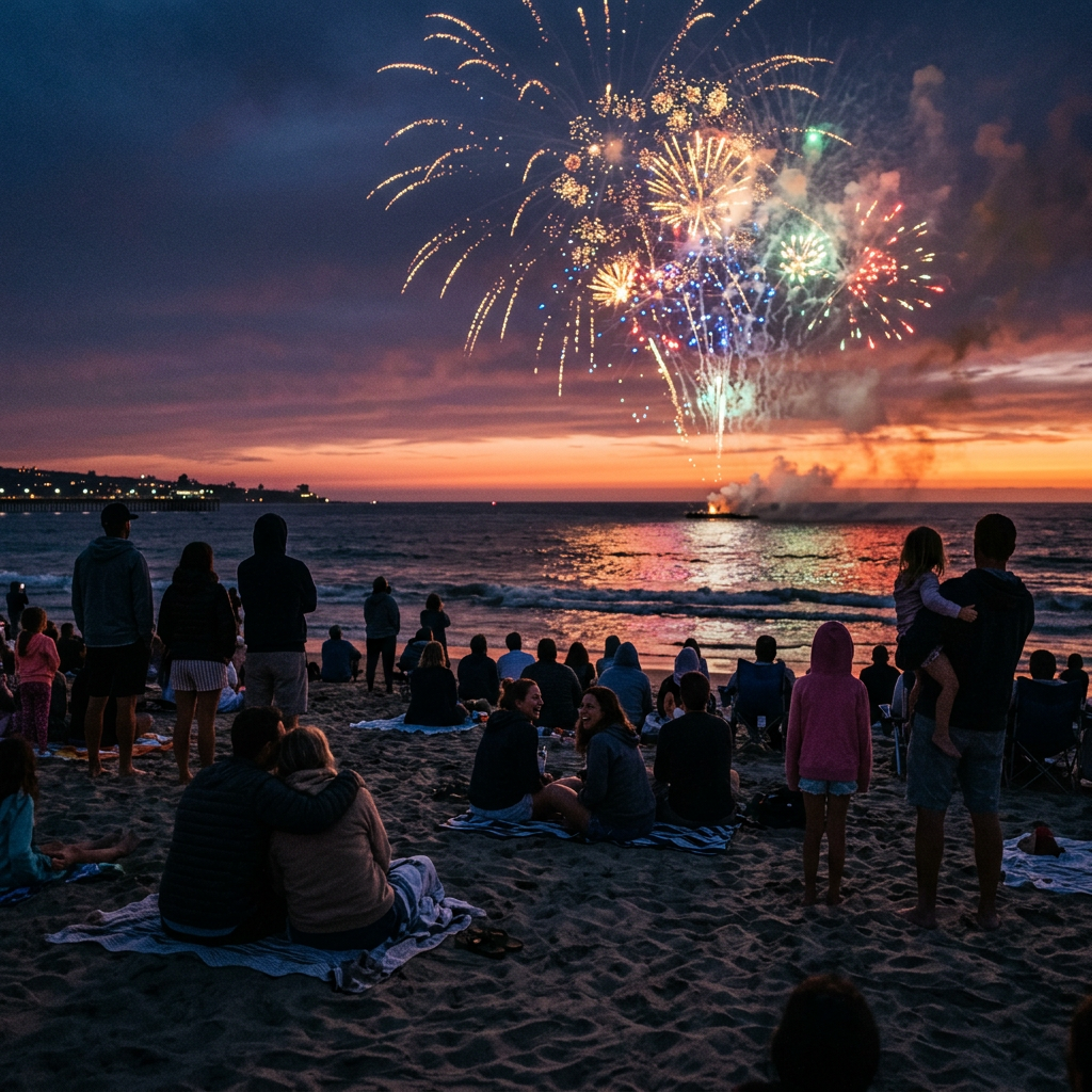 People watching fireworks over the ocean at beach during sunset